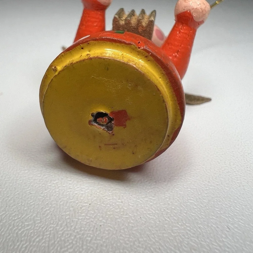 Vintage Erzgebirge Wooden Angel Ornament Germany HandPainted Red Dress Gold Wing